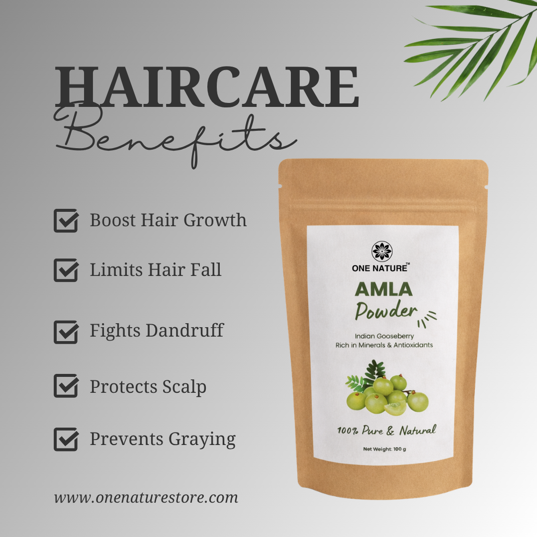 Pouch of Amla powder with haircare benefits listed on a gray background