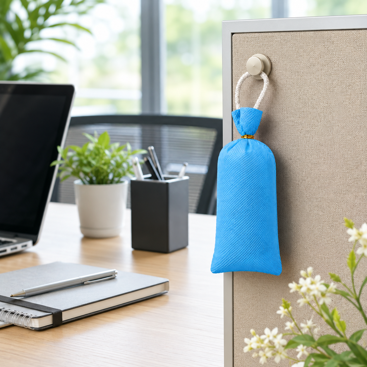 A bright blue fabric hanging pouch with a white loop strap hangs from a white magnetic hook on a beige office cubicle panel in a real office setting with a desk, laptop, and plants visible.