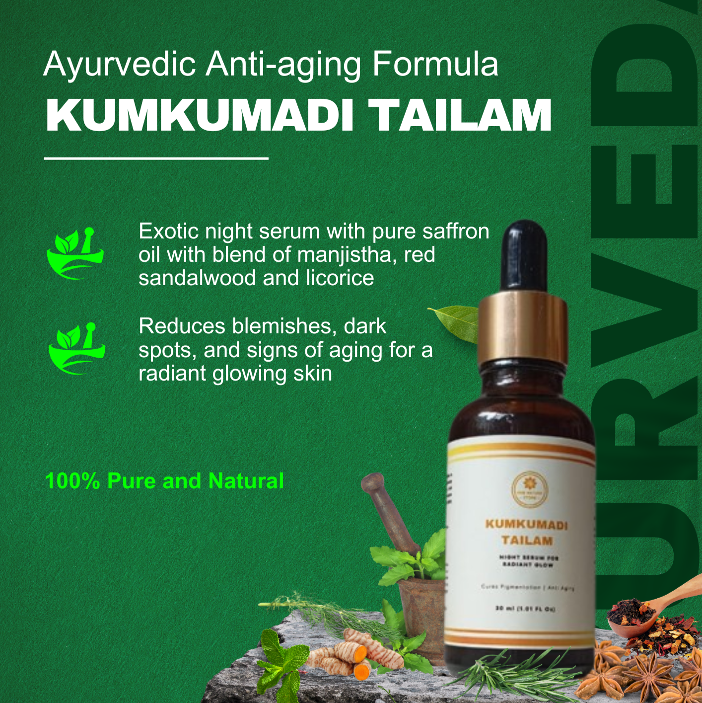 Ayurvedic anti-aging serum bottle with ingredients on a green background