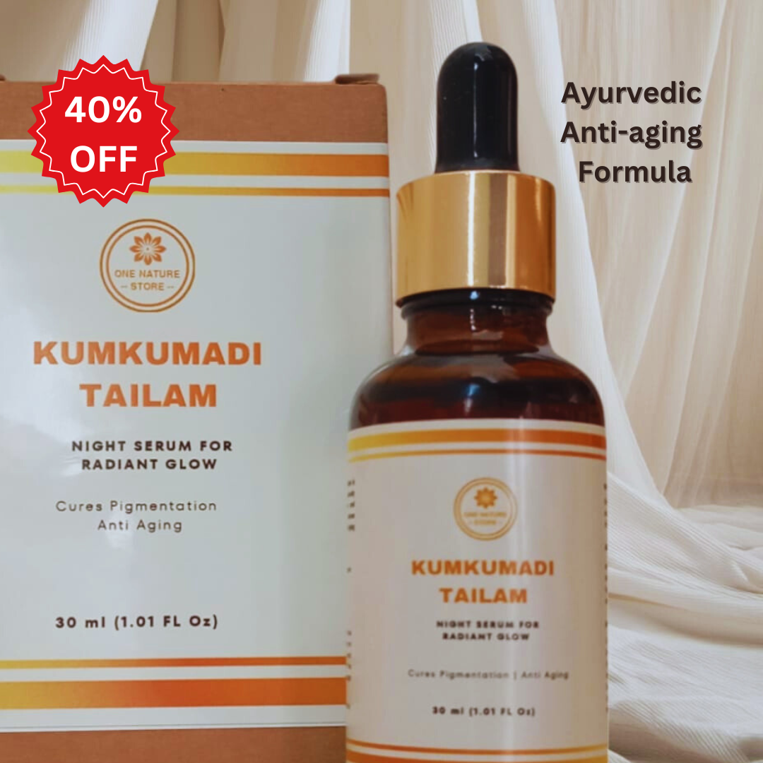 30 ml bottle of kumkumadi oil with golden cap and eco-friendly box at 40% off