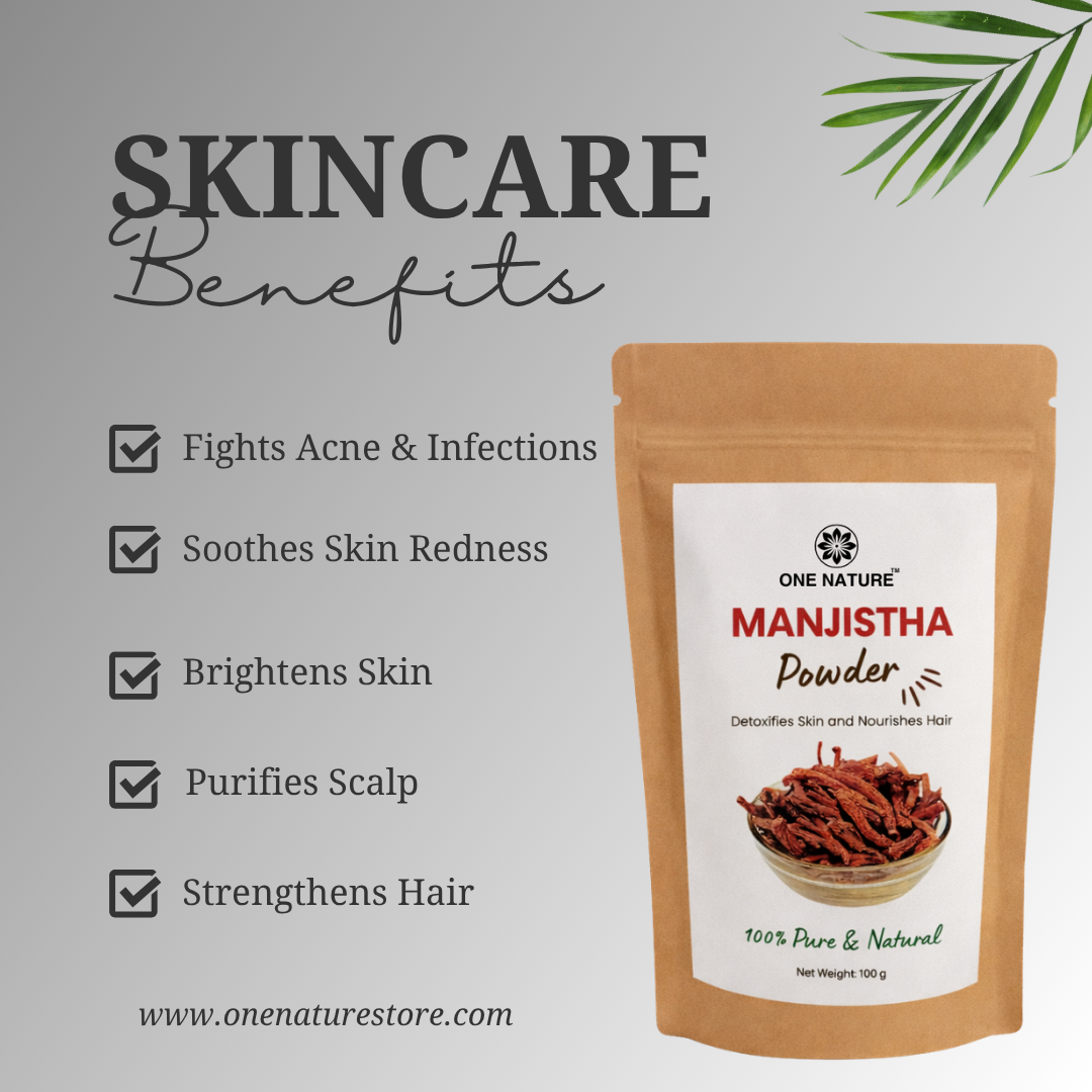Manjistha powder packaging with skincare benefits listed on a gray background