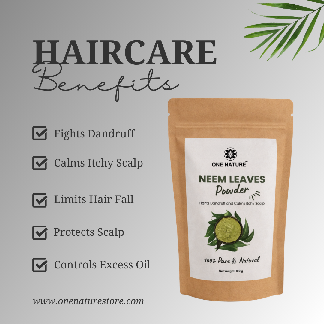 Neem leaves powder package with haircare benefits listed on a light gray background