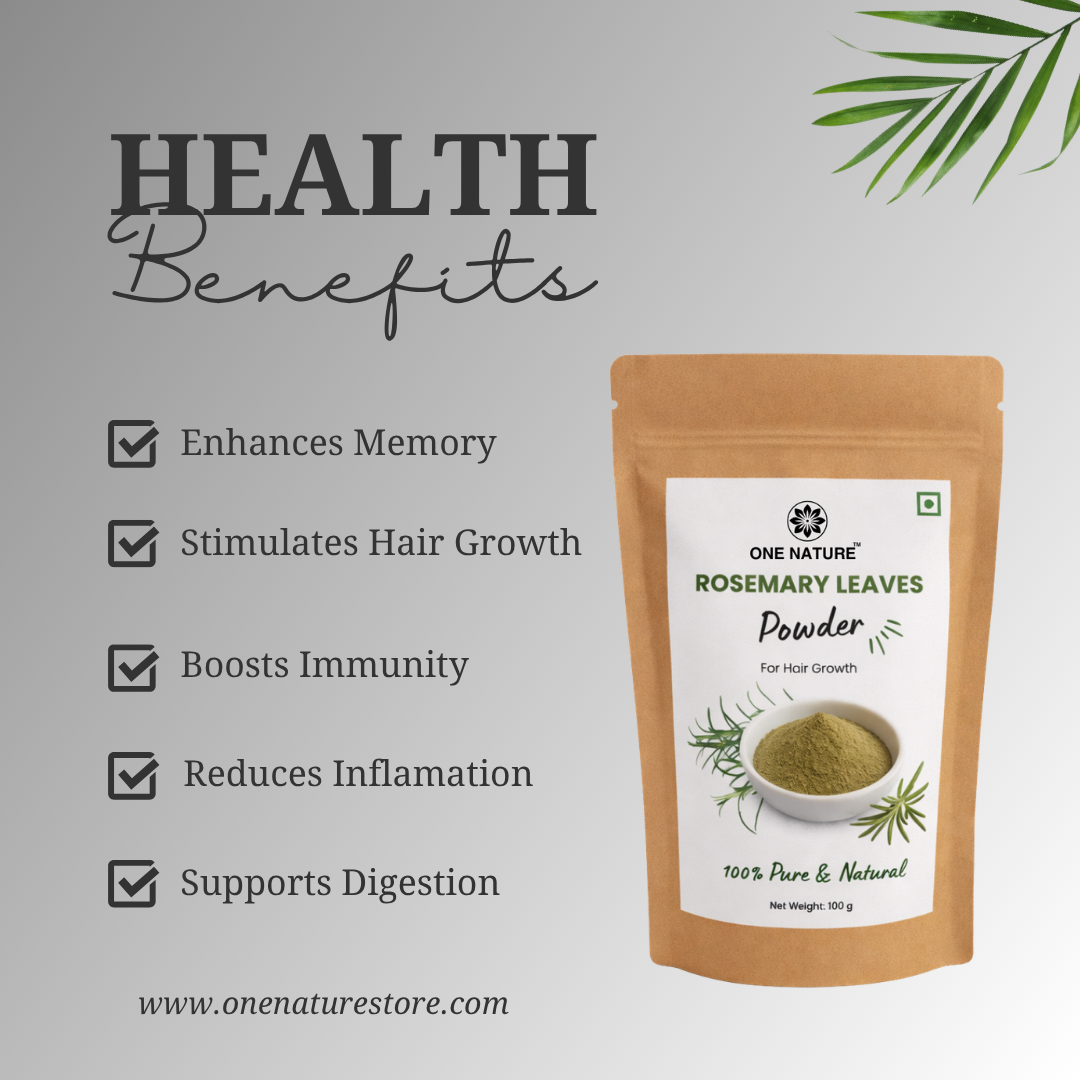 One Nature Rosemary Leaves Powder package with health benefits listed on a light gray background