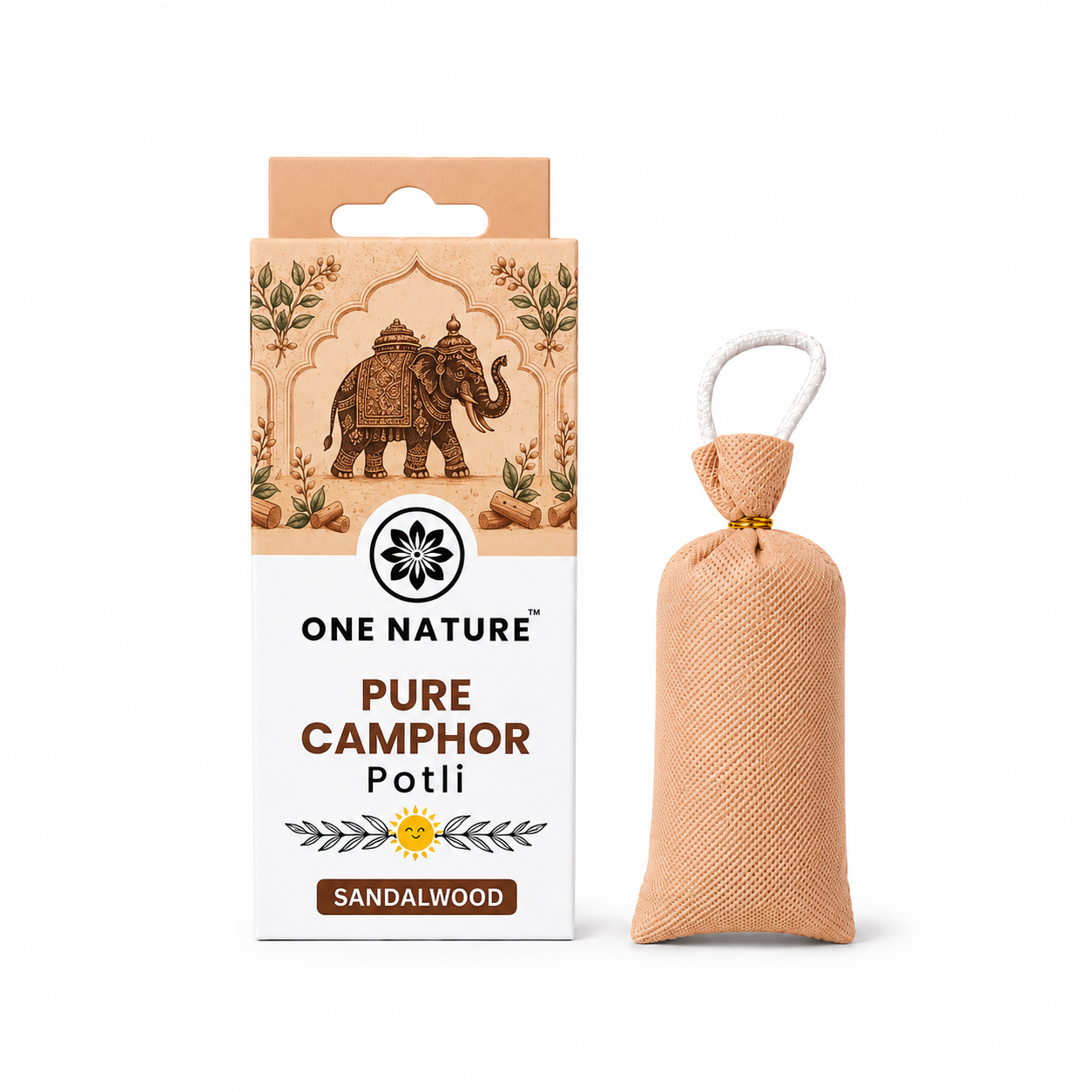 One Nature Pure Camphor Potli in Sandalwood scent, shown with its retail packaging box and the loose fabric potli bag next to it on a white background.