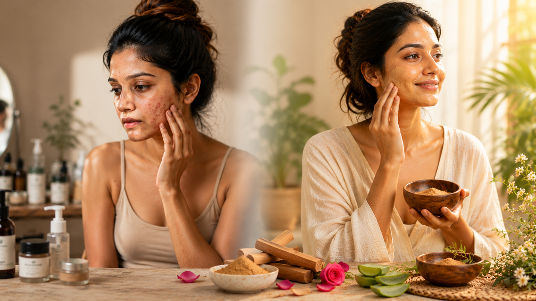 Indian woman showing skincare transformation from acne-prone dull skin to calm glowing skin using natural sandalwood Powder