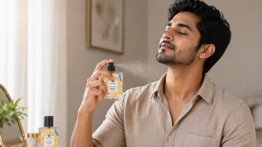 ndian man applying body perfume on his neck in a softly lit indoor setting, holding One Nature ICONN bottle, with a subtle spray mist and a calm, fresh expression—representing easy daily fragrance use and long-lasting freshness.