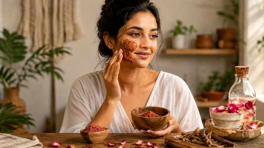 Indian woman applying a natural manjistha face pack in a warm Ayurvedic skincare setting with herbal ingredients, wooden bowls, rose petals, and soft natural lighting creating a calm self-care atmosphere.