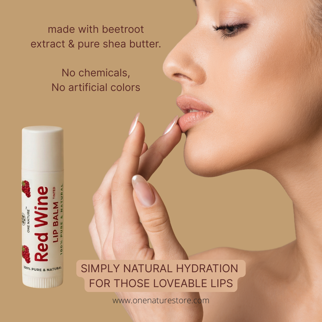 Lip balm with a woman applying it, on a beige background