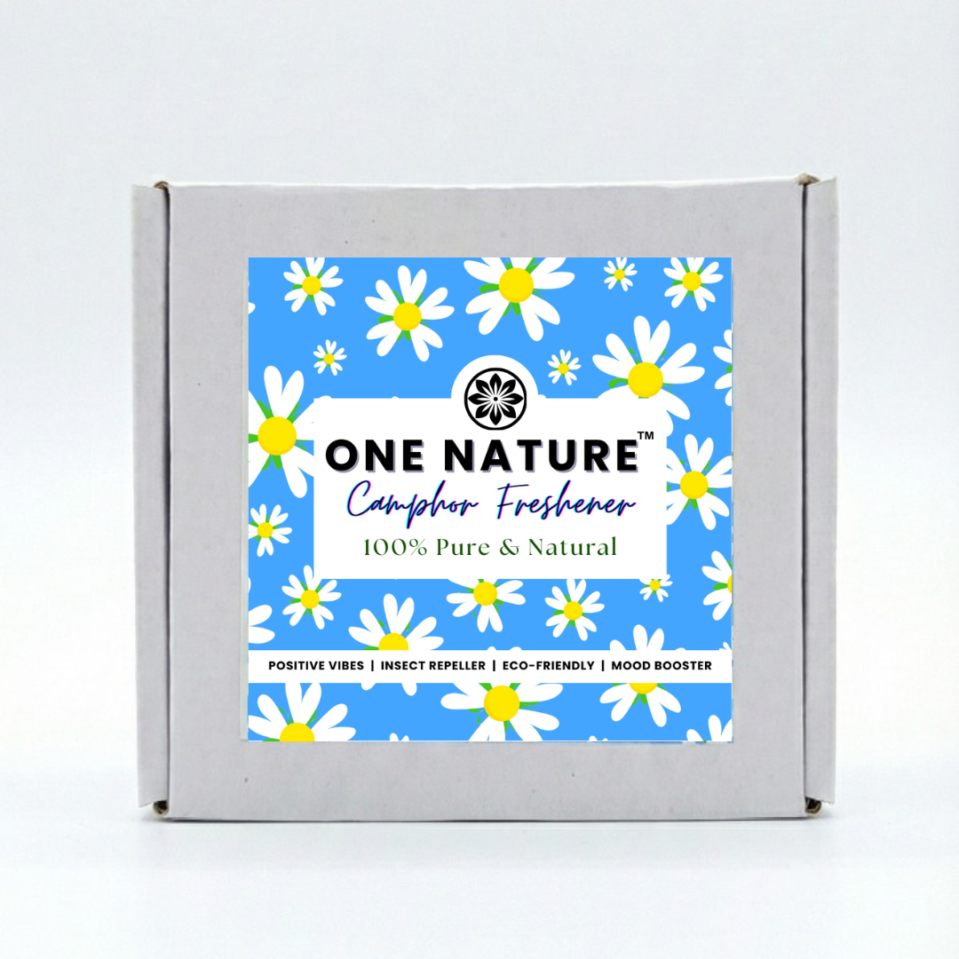 One Nature camphor fresher packaging with floral design on a white background