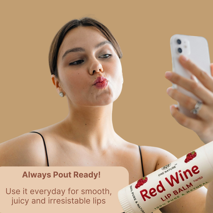 Woman applying red wine lip balm with promotional text on a beige background