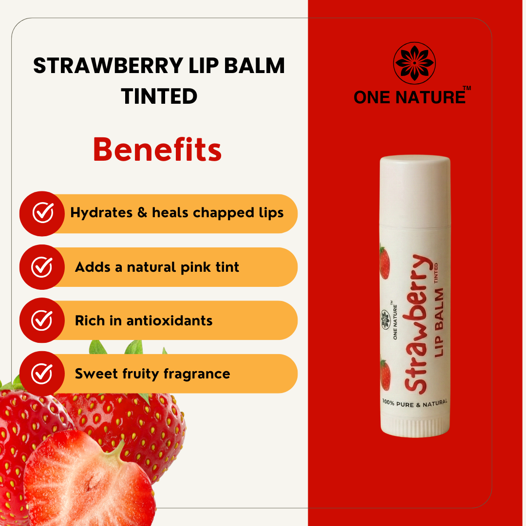 Strawberry lip balm with benefits listed on a red and white background