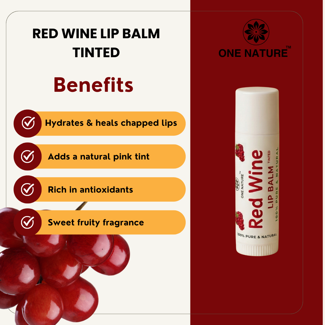 Red wine lip balm with benefits listed on a white background