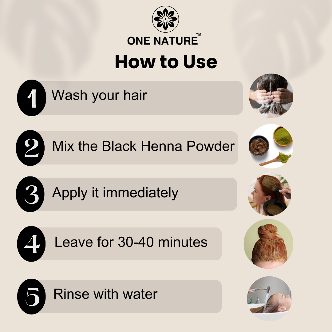 Instructions on how to use black henna powder for hair, branded as 'One Nature'.