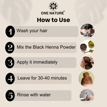 Instructions on how to use black henna powder for hair, branded as 'One Nature'.