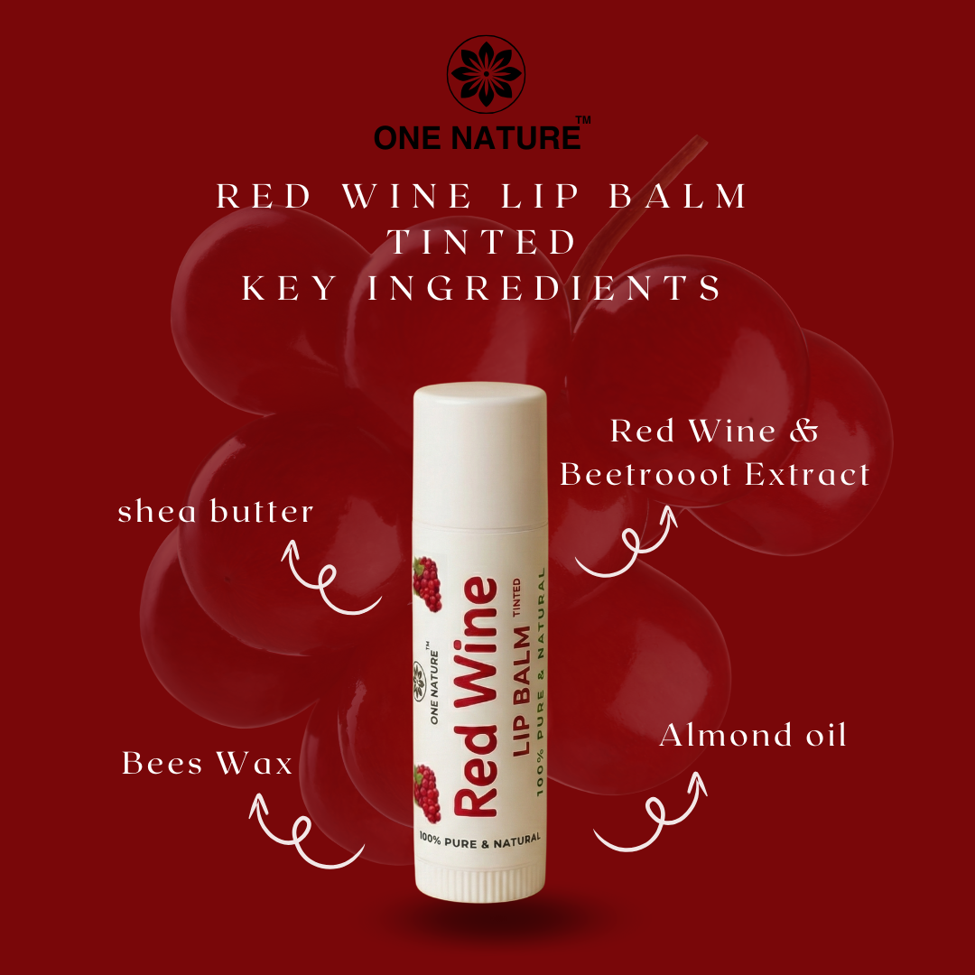 Red wine lip balm with key ingredients on a red background