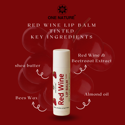Red wine lip balm with key ingredients on a red background