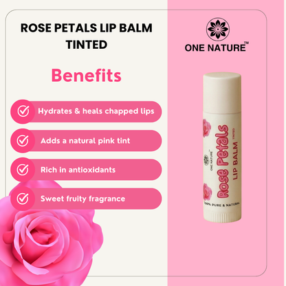 Rose Petals lip balm with benefits listed on a pink background