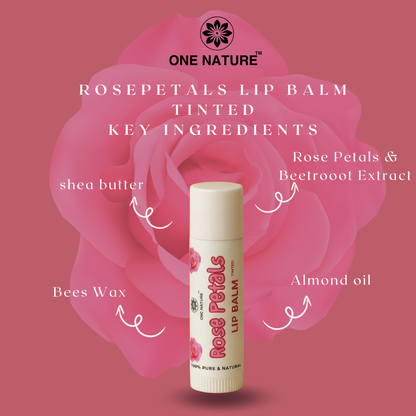 Lip balm with key ingredients labeled against a pink floral background