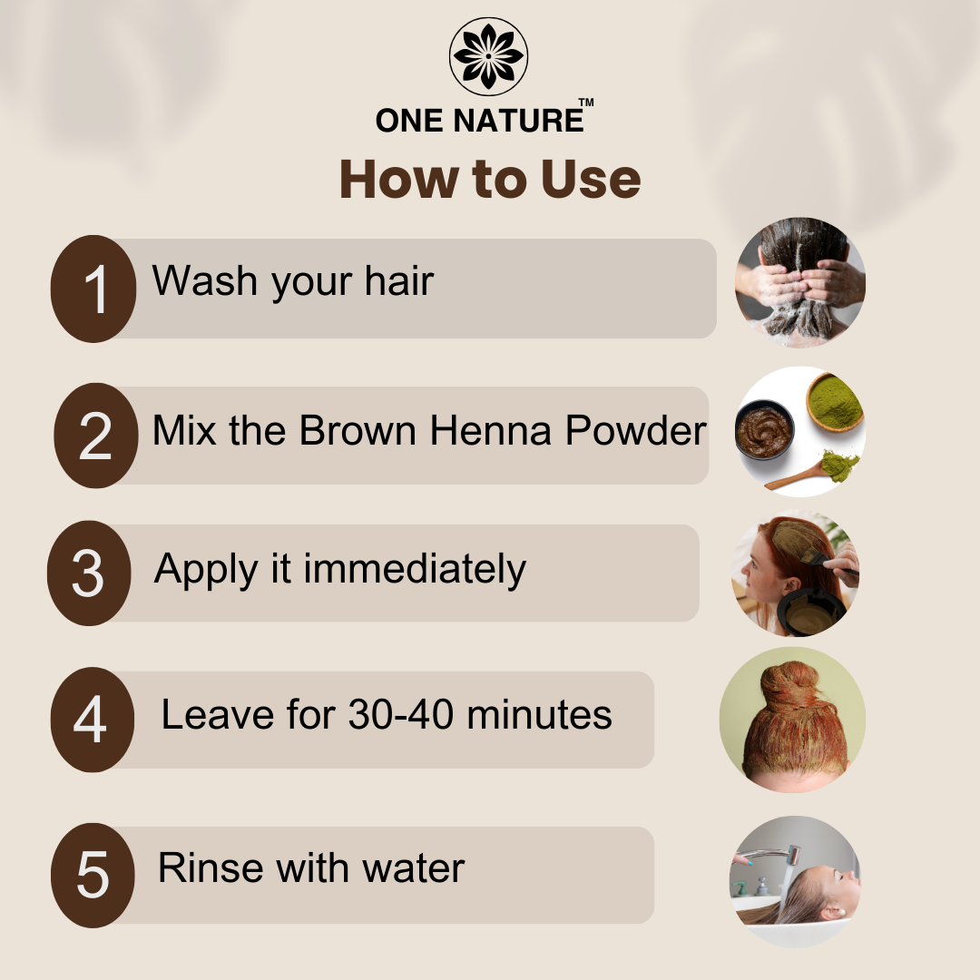 Instructions on how to use brown henna powder for hair, branded as 'One Nature'.