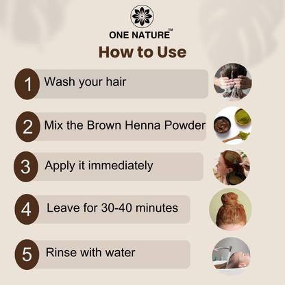 Instructions on how to use brown henna powder for hair, branded as 'One Nature'.