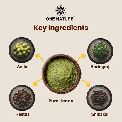 Key ingredients of a product by One Nature including Amla, Bhringraj, Pure Henna, Reetha, and Shikakai on a beige background.