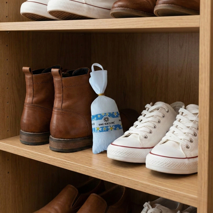 Shelves with shoes and a bottle of cleaning solution in a wooden cabinet.
