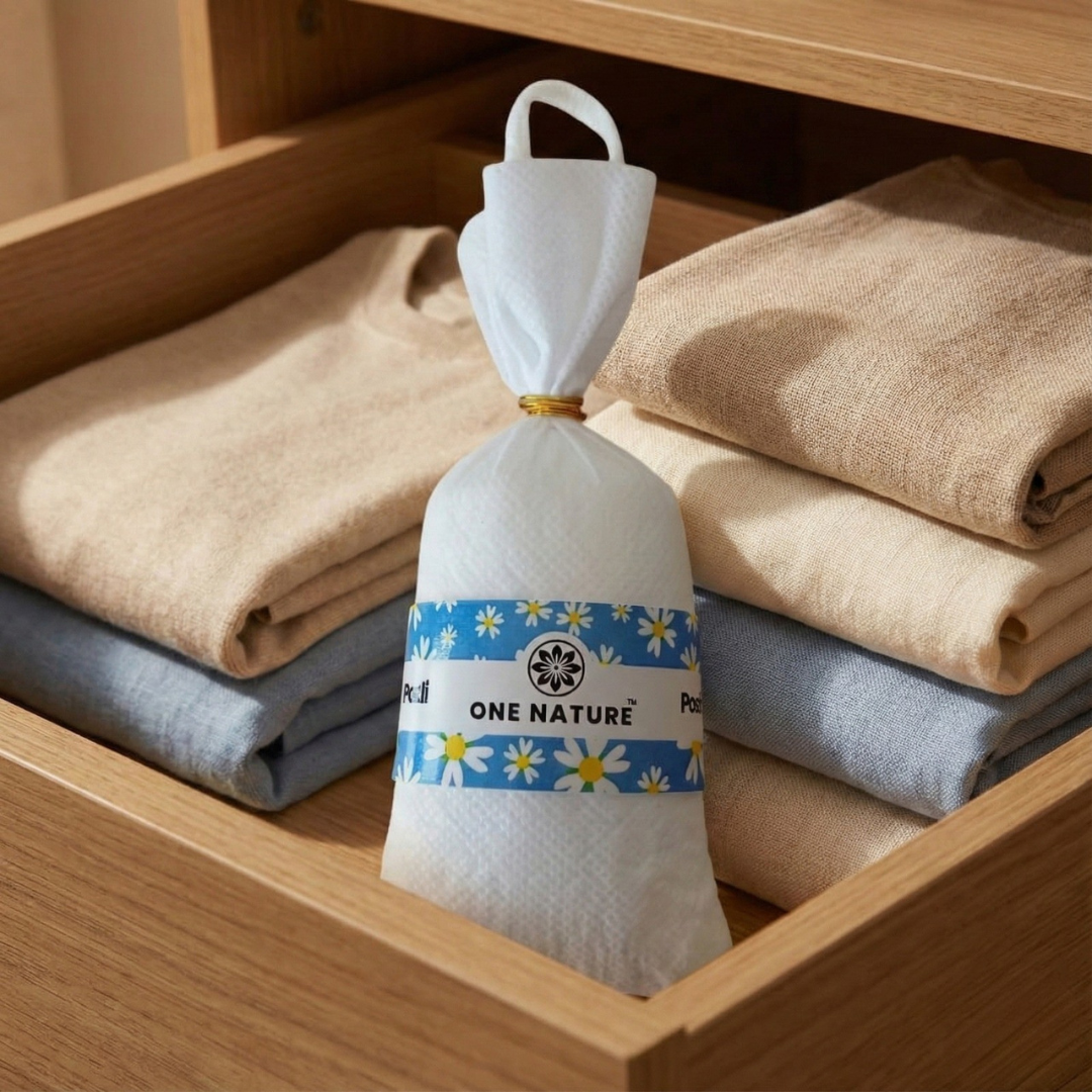 Folded clothes in a wooden drawer with a 'One Nature' product in the foreground