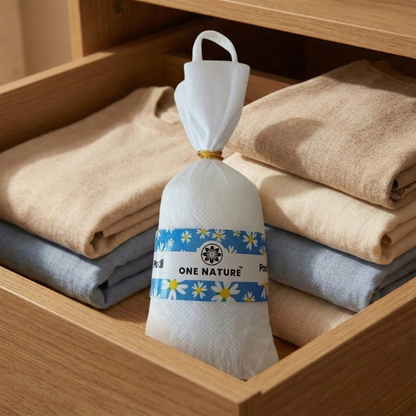 Folded clothes in a wooden drawer with a 'One Nature' product in the foreground