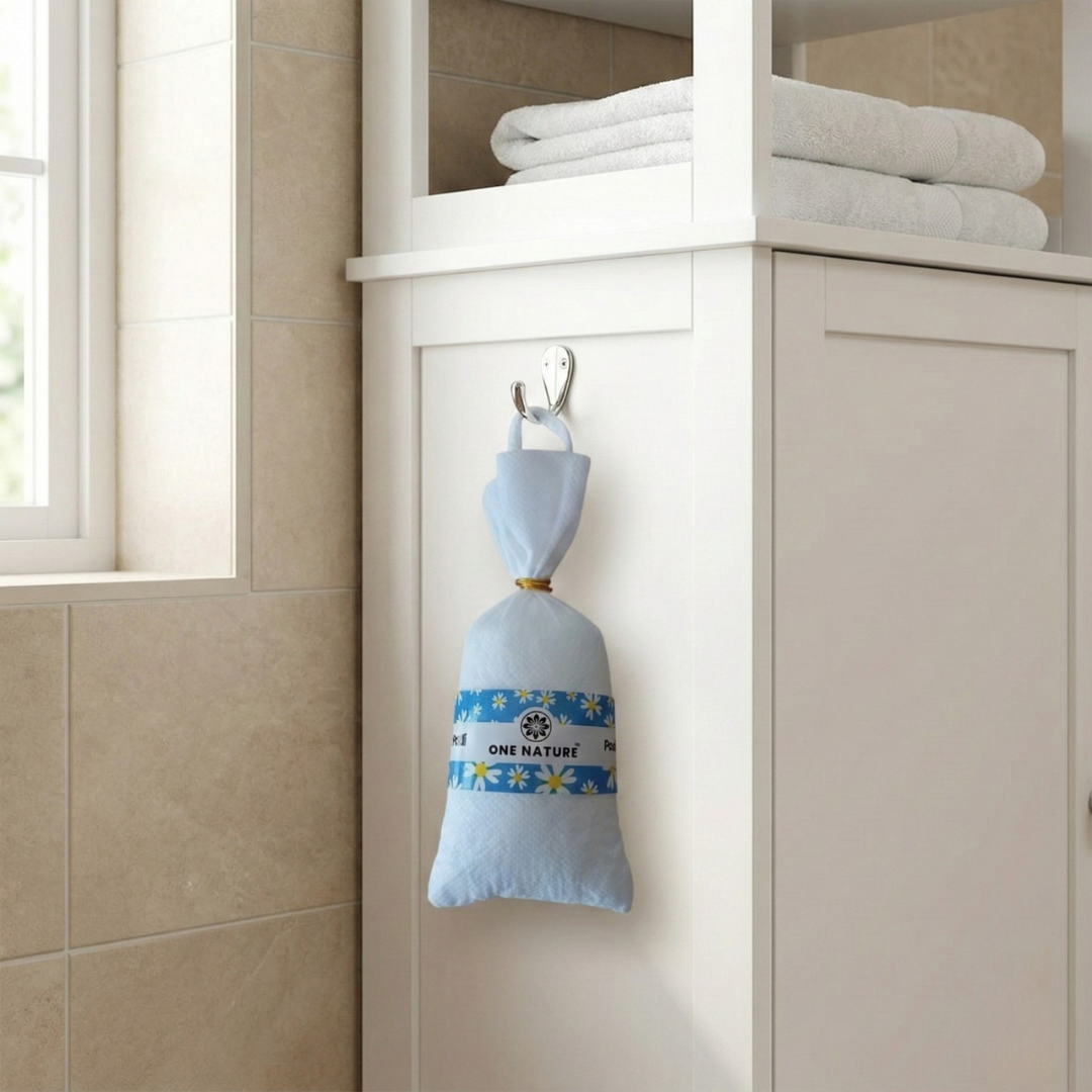 Blue hanging bag with floral design attached to a white cabinet in a bathroom.