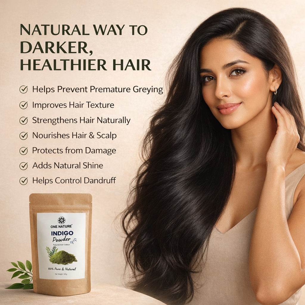 Woman with long, dark hair next to a package of Indigo Powder with text about natural hair care benefits.
