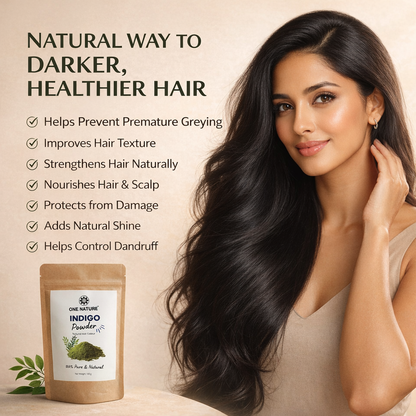 Woman with long, dark hair next to a package of Indigo Powder with text about natural hair care benefits.