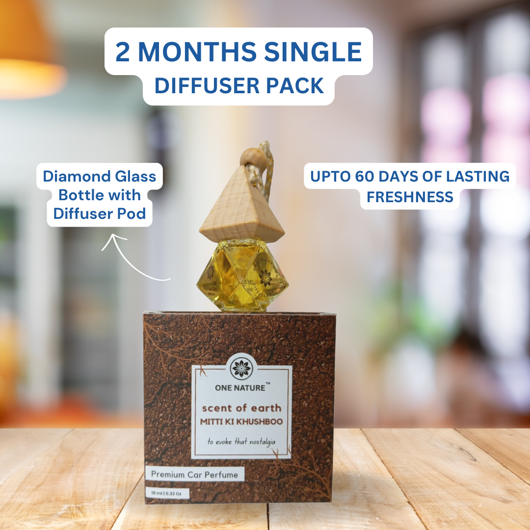 Car perfume with diffuser pod on a wooden surface, labeled as '2 Months Single Diffuser Pack' with product details.