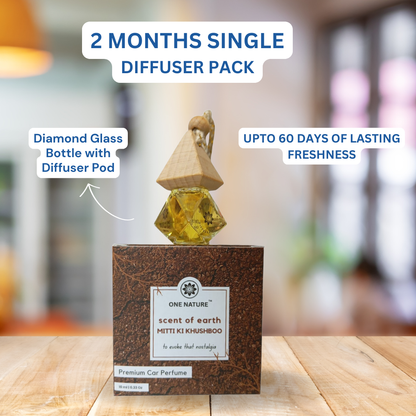 Car perfume with diffuser pod on a wooden surface, labeled as '2 Months Single Diffuser Pack' with product details.