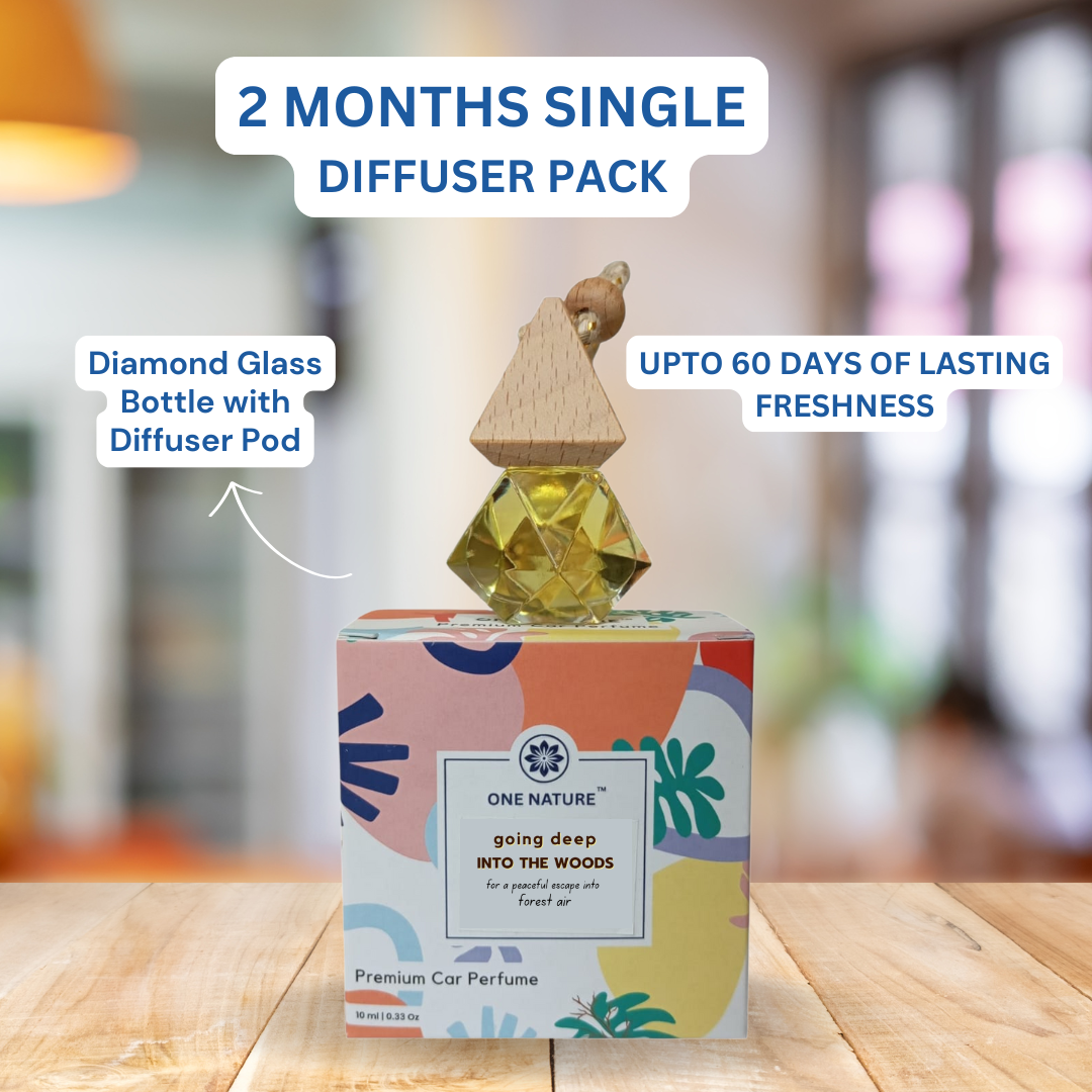 Car perfume diffuser pack with diamond glass bottle and wooden diffuser pod on a blurred background