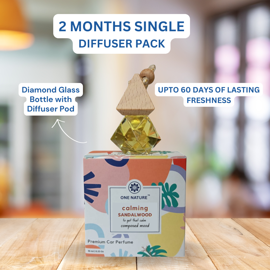 Car perfume with diamond glass bottle and diffuser pod on a wooden surface