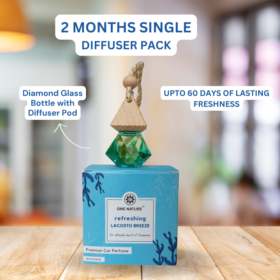 Car perfume diffuser pack with diamond glass bottle and diffuser pod on a wooden surface.