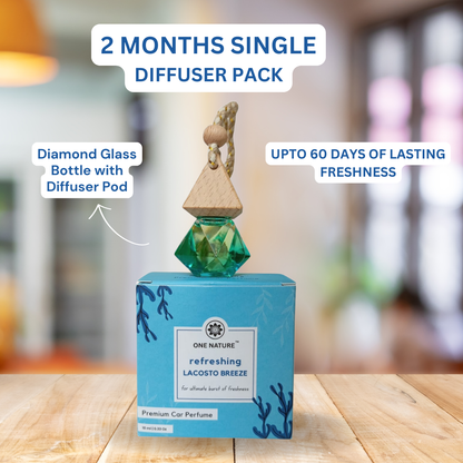 Car perfume diffuser pack with diamond glass bottle and diffuser pod on a wooden surface.