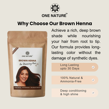 One Nature Brown Henna package with text highlighting benefits on a beige background