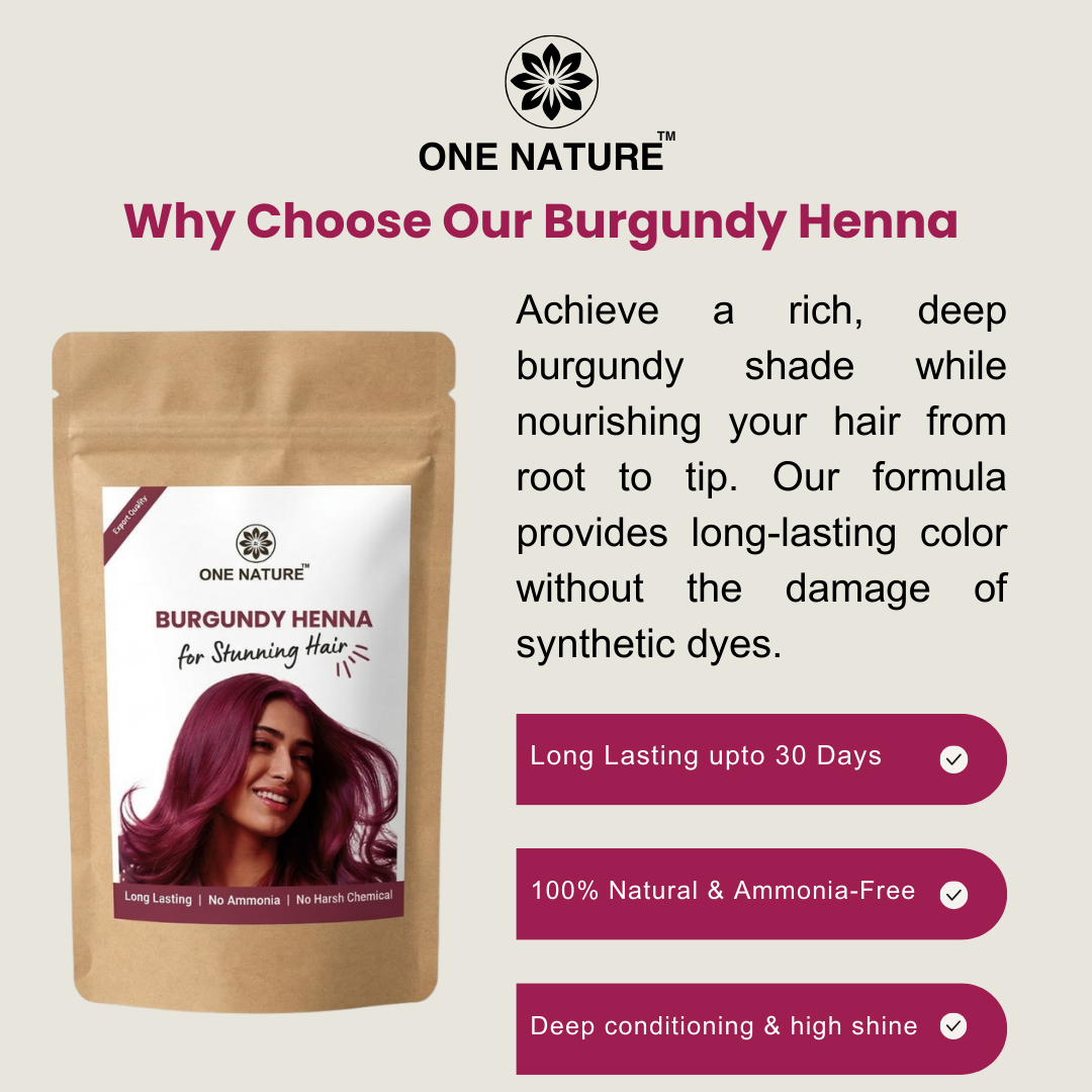 One Nature Burgundy Henna package with promotional text on a light beige background