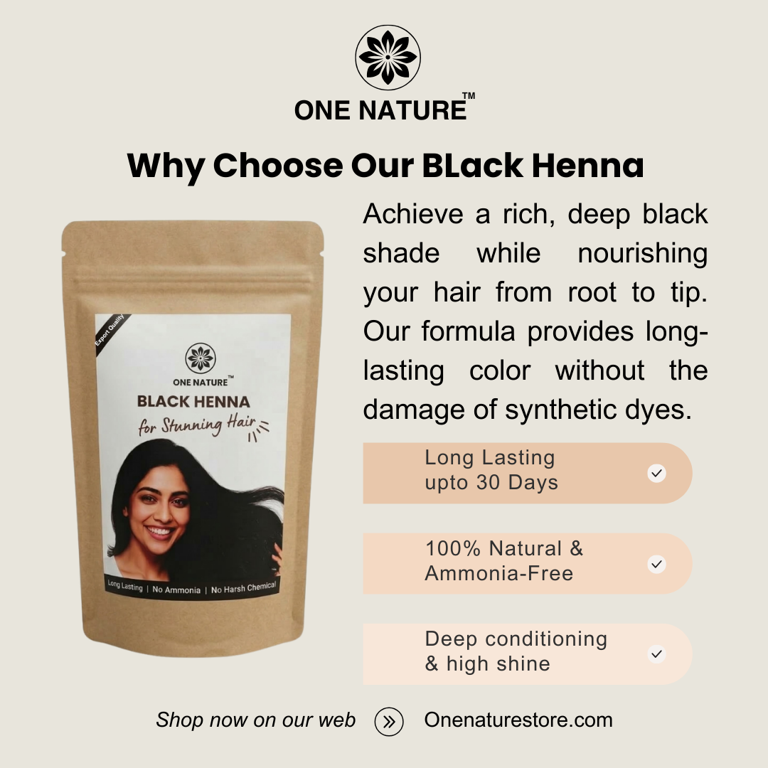 One Nature Black Henna package with promotional text on a beige background