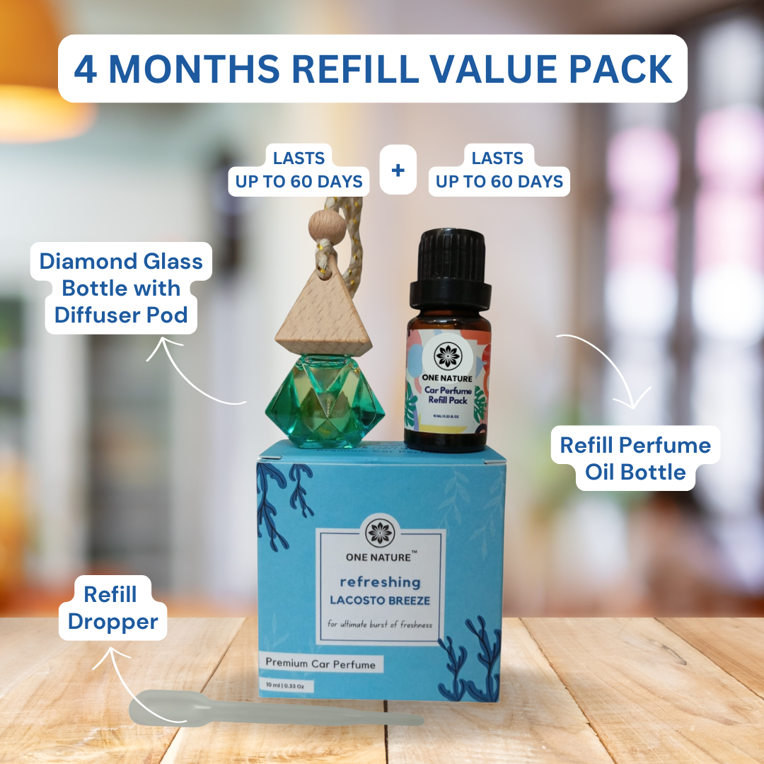 Car perfume set with diamond glass bottle, diffuser pod, and refill oil on a wooden surface.