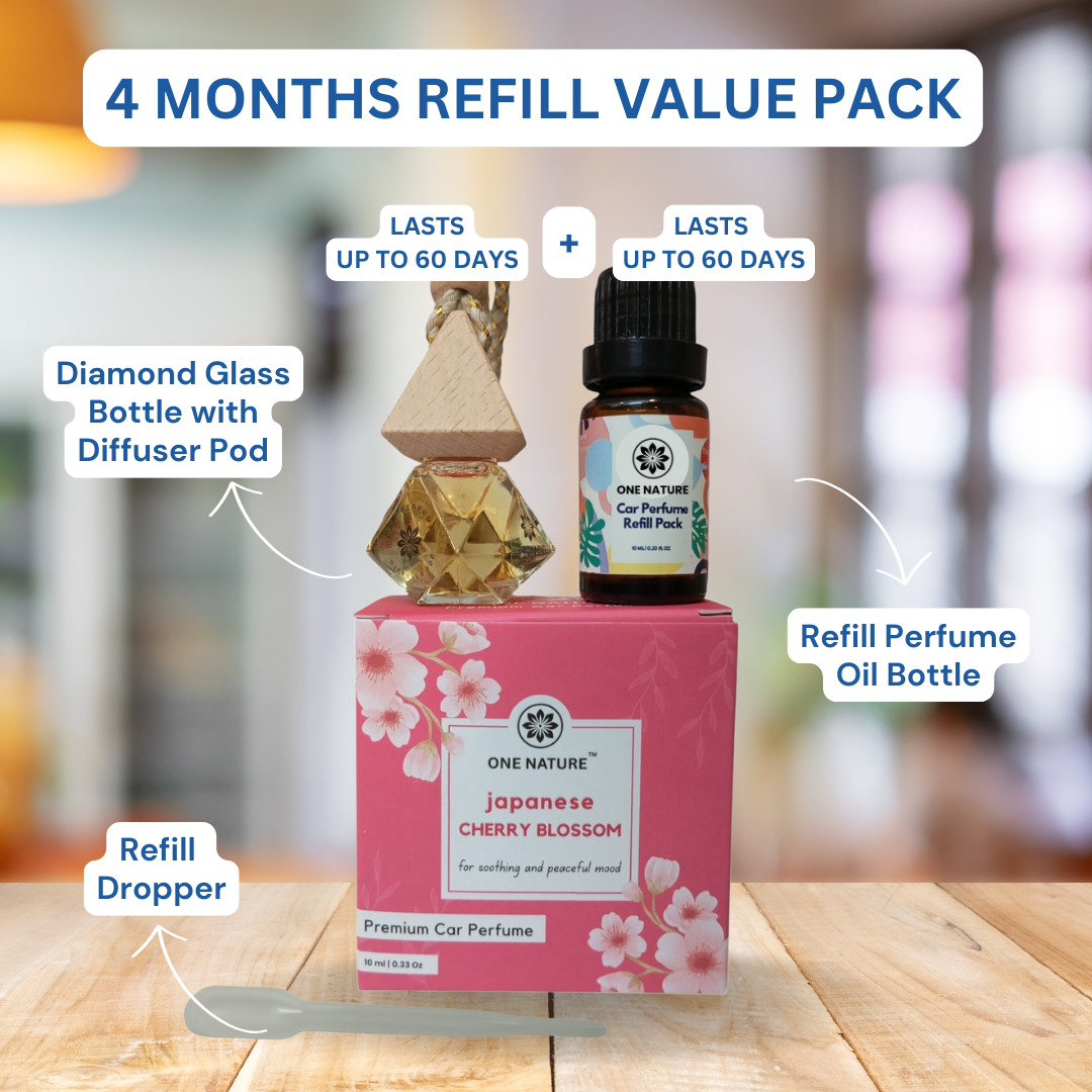 Car perfume set with diamond glass bottle, diffuser pod, refill dropper, and refill perfume oil bottle on a wooden surface.