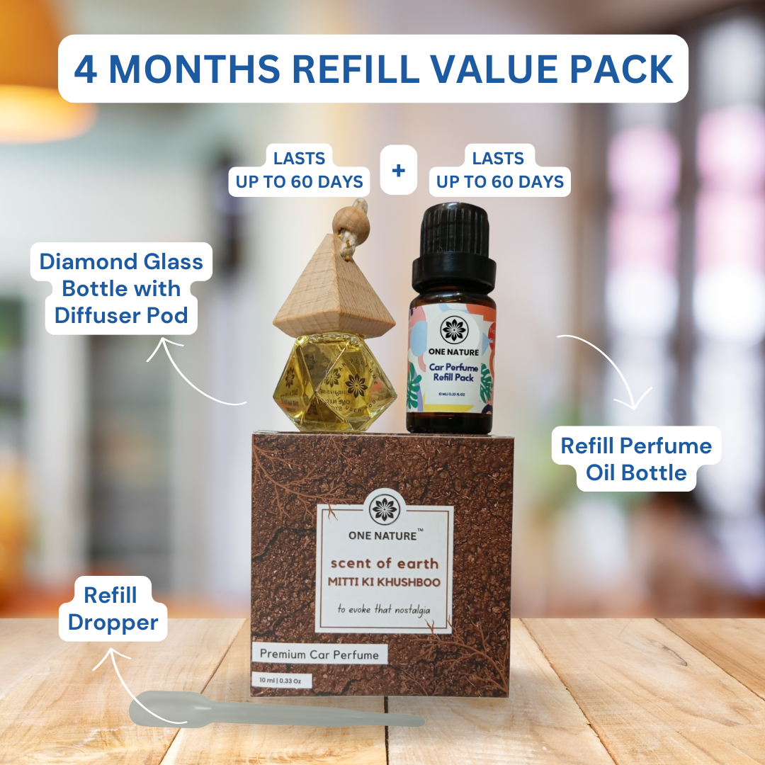 Car perfume set with diamond glass bottle, diffuser pod, and refill oil bottle on a wooden surface.