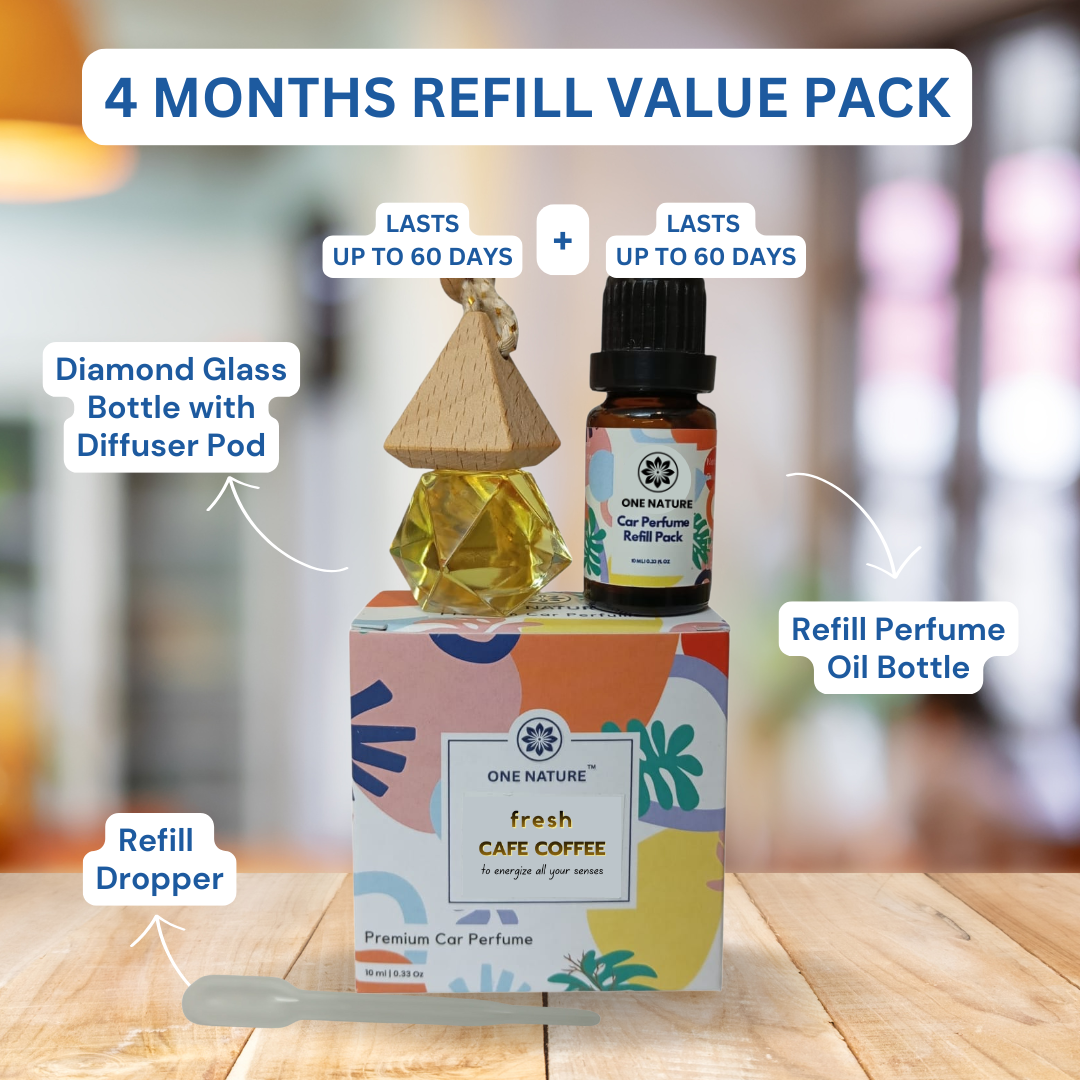 Car perfume set with diamond glass bottle, diffuser pod, and refill oil on a wooden surface.