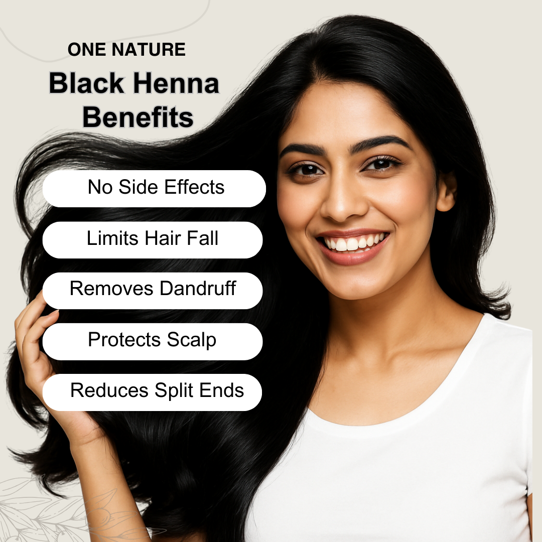 Woman with black hair and text listing benefits of one nature black henna on a light background