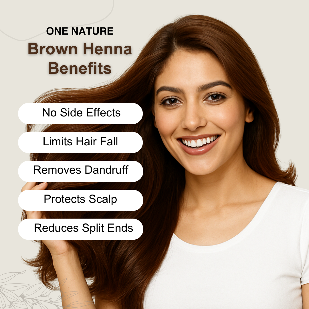 Woman with brown hair and text listing benefits of one nature brown henna