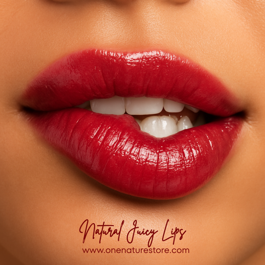 Close-up of red lips with a brand name and website on a beige background