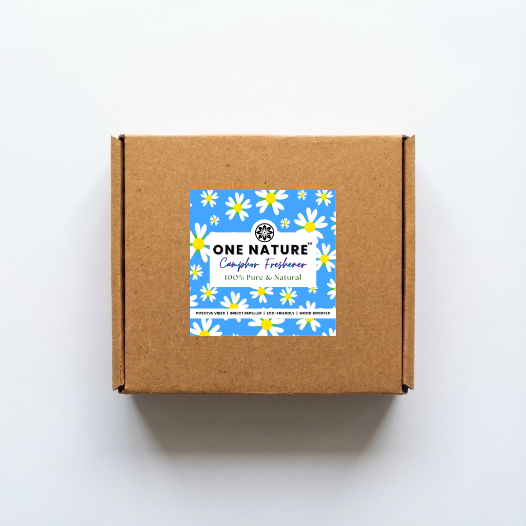 Brown cardboard box with a One Nature label featuring flowers on a white background