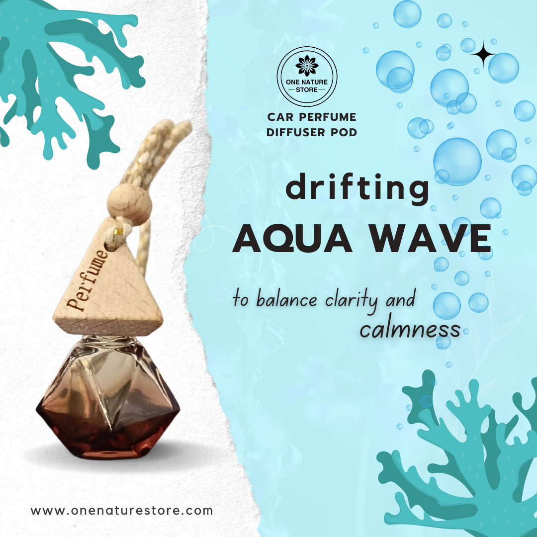Car perfume diffuser pod with 'drifting Aqua Wave' description on a blue background with bubbles and coral.
