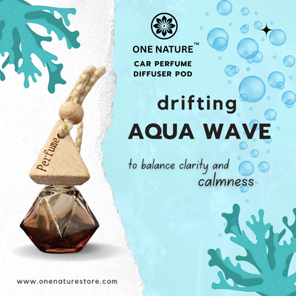 One Nature Car Perfume Diffuser Pod with 'Drifting Aqua Wave' description on a light blue background with ocean-themed graphics.